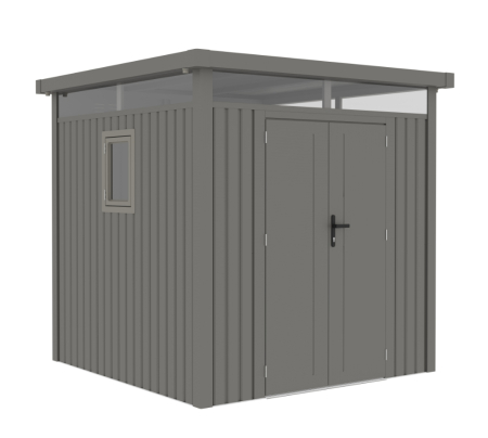 Casute pentru gradina - Casuta / magazie de gradina premium metalica, KLUGMEISTER Anna-B Gri Aluminiu, dimensiuni 230x230x222 cm, cu fereastra si baza metalica