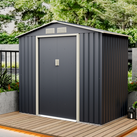 Casuta / magazie de gradina premium metalica MESTERINO Archer-A, Gri/Bej, dimensiuni 213x131x195 cm, cu usi culisante si baza metalica [4]