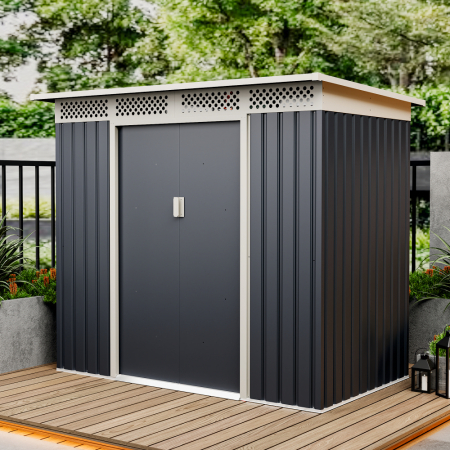 Casuta / magazie de gradina premium metalica, MESTERINO Bella-A, Gri/Bej, dimensiuni 215x142x184 cm, cu usi culisante si baza metalica [4]