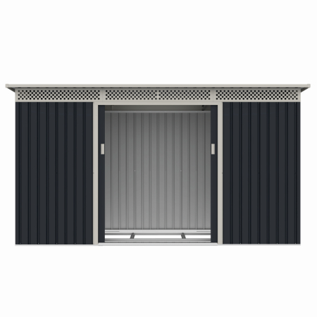 Casuta / magazie de gradina premium metalica, MESTERINO Bella-C, Gri/Bej, dimensiuni 343x142x184 cm, cu usi culisante si baza metalica [3]