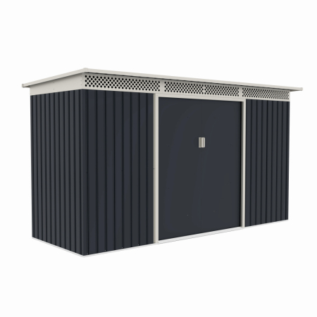 Casuta / magazie de gradina premium metalica, MESTERINO Bella-C, Gri/Bej, dimensiuni 343x142x184 cm, cu usi culisante si baza metalica [1]