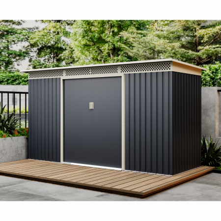 Casuta / magazie de gradina premium metalica, MESTERINO Bella-C, Gri/Bej, dimensiuni 343x142x184 cm, cu usi culisante si baza metalica [4]