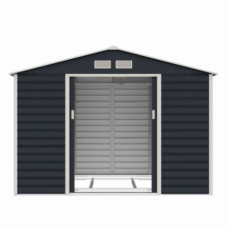 Casuta / magazie de gradina premium metalica, MESTERINO Evan-C, Gri/Bej, dimensiuni 277x195x200 cm, cu usi culisante si baza metalica [3]