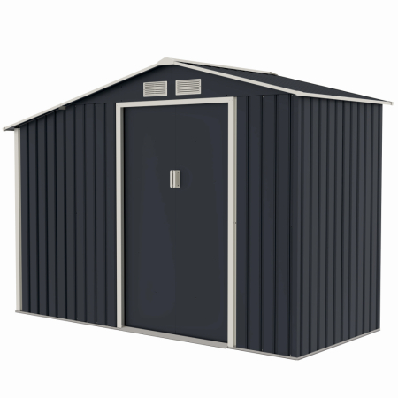 Casuta / magazie de gradina premium metalica, MESTERINO Luke-A, Gri/Bej, dimensiuni 278x131x195 cm, cu usi culisante si baza metalica [1]