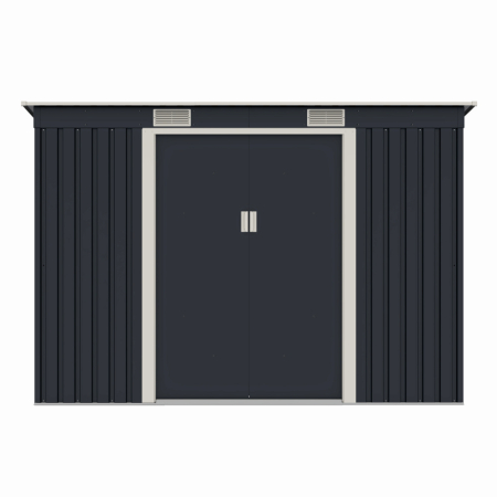 Casuta / magazie de gradina premium metalica, MESTERINO S2001-B, Gri/Bej, dimensiuni 261x121x176 cm, cu usi culisante si baza metalica [1]