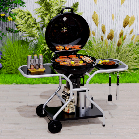 Gratar pe carbuni KLUGMEISTER KY22020T, material otel, cu capac si roti de deplasare, inaltime gatire 78 cm, dimensiuni 133x67x98 cm [4]