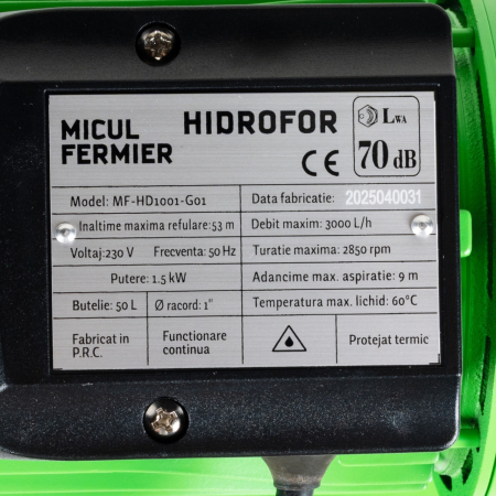 Hidrofor Micul Fermier 1.5 kW, debit maxim 3000l/h, inaltime maxima de pompare 53m, corp pompa fonta, butelie 50L [11]