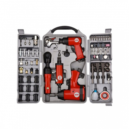 Diverse scule de mana - Kit 71 scule pneumatice HECHT 002075E, 6.3 bar, cheie de impact, polizor, ciocan pneumatic, pistol de suflat, cheie cu clichet, adaptoare