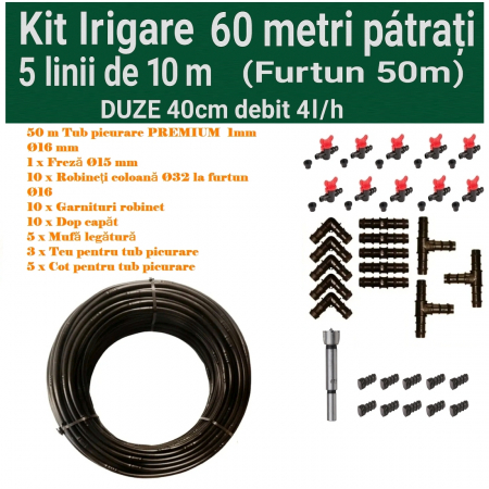 Sisteme de irigat si stropit - Kit Irigare  prin Picurare pentru 60 m 5 LINII de 10 m (Furtun 50m) DUZE 40cm debit 4l/h   44 Accesorii