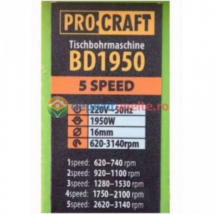 Masina de gaurit de banc Procraft BD1950, Bormasina fixa cu coloana, 450W, 16mm [6]