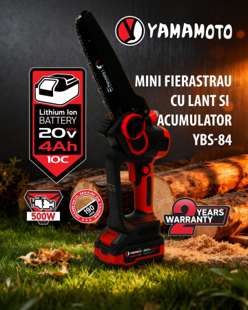 Drujbe cu acumulator - Mini drujba 8" pe acumulator cu 1 acumulator 20v/4Ah si incarcator YAMAMOTO YBS-84 5400 rot/min, Brushless