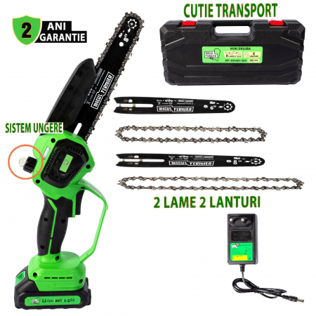 Foarfeci electrice cu acumulatori - Mini drujba Micul Fermier, 20V, cu doua lame 6'' si 8'', doua lanturi