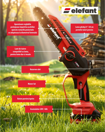 Mini fierăstrău cu lanț și acumulator ELEFANT EBS-104, 20V / 4Ah, Brushless [2]