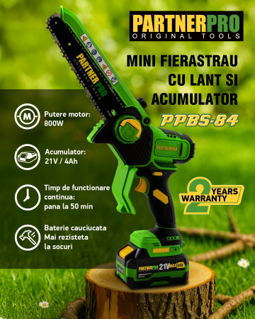 Drujbe cu acumulator - Mini fierăstrău PARTNERPRO PPBS-84 21V 4Ah Brushless 800W | Ungere automată, lanț 8”
