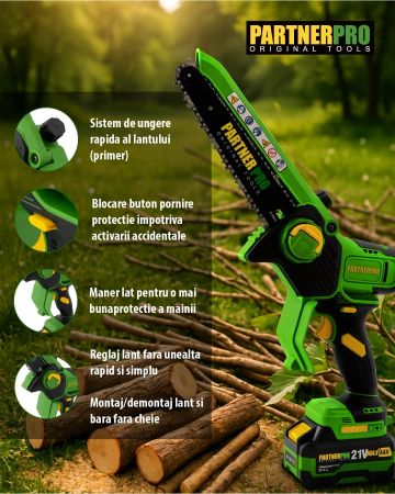 Mini fierăstrău PARTNERPRO PPBS-84 21V 4Ah Brushless 800W | Ungere automată, lanț 8” [3]