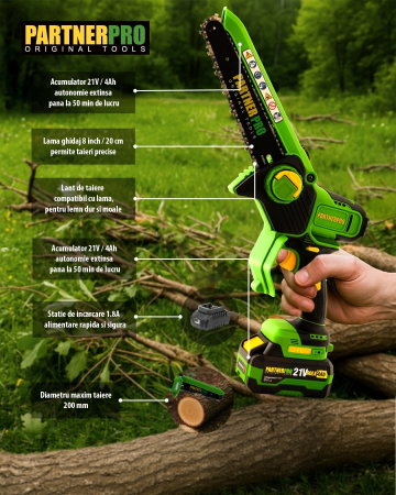 Mini fierăstrău PARTNERPRO PPBS-84 21V 4Ah Brushless 800W | Ungere automată, lanț 8” [2]