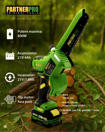 Mini fierăstrău PARTNERPRO PPBS-84 21V 4Ah Brushless 800W | Ungere automată, lanț 8” [1]