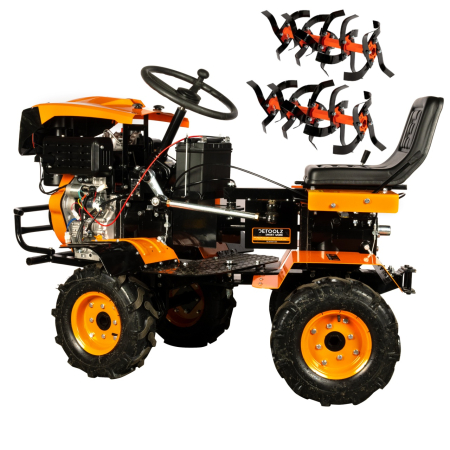  Mini tractoare - Mini tractor Detoolz, 17cp, 530cc, motor pe motorina 4T, 4X4, 4 viteze, pornire electrica, 2 cutii de viteze