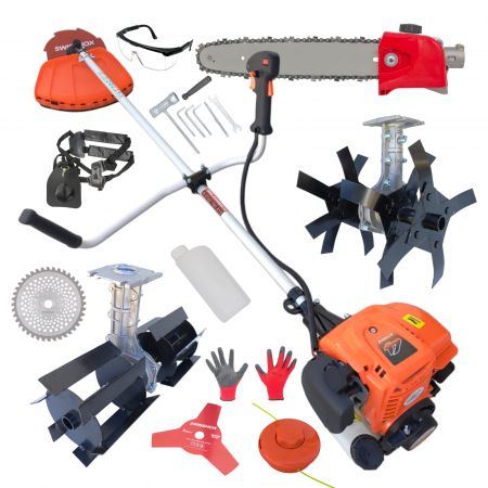 Motocoase - Motocositoare Pandora T5600 - Motor 4 TIMPI, 7,5HP 62CC, 9000RPM, 5.6 KW, Kit de instalare si 8 accesorii incluse (prasitoare, cultivator si accesoriu tip drujba)