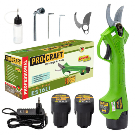 Foarfeci electrice cu acumulatori - PACHET COMPLET Foarfeca electrica taiat vita de vie cu 2 buc. acumulatori 2Ah-16V Li-Ion + 1 buc. SET Cutit REZERVA Procraft ES16Li