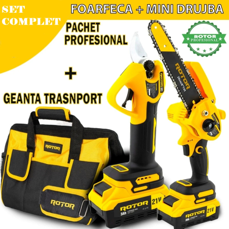 Foarfeci electrice cu acumulatori - PACHET mini fierastrau CS1 si Foarfeca de gradina GS1 pe acumulator ROTOR, 500 W,600 W 4500 rot/min, 21 V 3 Ah