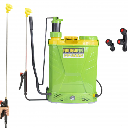 Pompe de stropit electrice - Pompa de stropit cu rezervor 16 Litri (2 in 1) electrica si manuala  cu acumulator reincarcabil  12Vdc - 8Ah PARTNER PRO PP16BM , 3 duze, presiune 4 bari, tip rucsac
