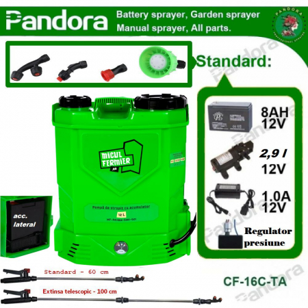 Pompe de stropit electrice - Pompa de stropit electrica Micul Fermier MF-PA1004-S001-G01 by Pandora 12L, Vermorel electric cu acumulator de 12V 8Ah 5,5 bar si regulator de presiune