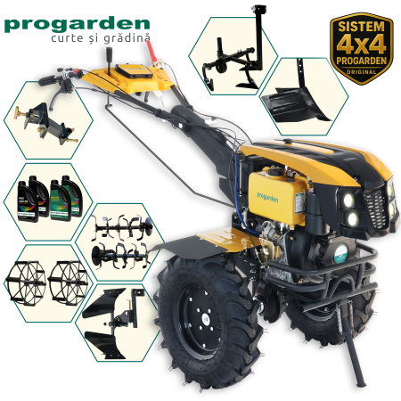 Import - ProGARDEN Pachet Campo 1273 Alpine V2, Motocultor 12CP + PRS20-45 Prasitoare+Plug bilonat/rarita +PR2B-31 Plug reversibil+Adaptor + 2 Roti metalice 540x170 + 4 L Ulei