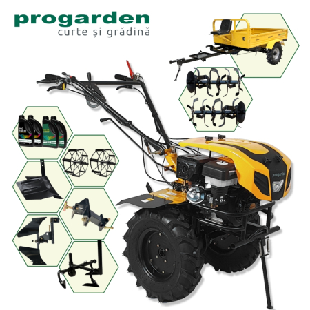 Import - ProGARDEN Pachet Campo 1844 Motocultor 18CP + Remorca RM600C + Plug bilonat + Plug reversibil + Prasitoare + Adaptor +  2 roti metalice 540x170 + 4L Ulei