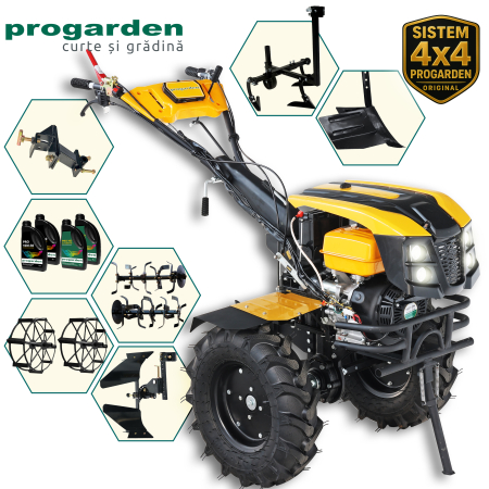 Import - ProGARDEN Pachet Campo 1873 Alpine V2  Motocultor 18CP + Plug bilonat + Plug reversibil + Prasitoare + Adaptor +  2 roti metalice 540x170 + 4L Ulei