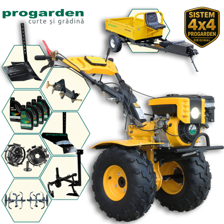 Import - ProGARDEN Pachet Campo 873 Alpine motocultor 7CP + Prasitoare PRS20-45 + Remorca RM500T + Plug simplu + Plug bilonat/rarita + Adaptor reglabil + 2 Roti metalice 350x6 + 5L Ulei
