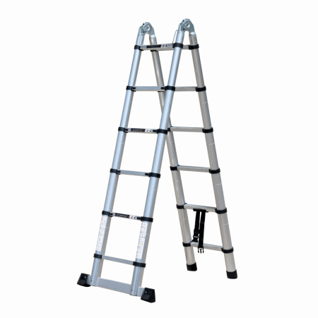 Scara telescopica din aluminiu cu balama MESTERINO TOOLS JL-102-2X1.9, 1.9+1.9 metri, 2x6 trepte, greutate maxima 150 kg [1]