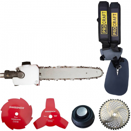 Set Motocoasa PROCRAFT T5600 PRO + accesoriu Fierastrau de taiat crengi, motor 4 timpi, 7 accesorii, 7.3 CP, 62cm3, 9000Rpm, 4 sisteme de taiere [1]