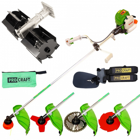 Set Motocoasa PROCRAFT T5600 PRO + accesoriu Fierastrau de taiat crengi + Prasitoare, motor 4 timpi, 7 accesorii, 7.3 CP, 62cm3, 9000Rpm, 4 sisteme de taiere [1]