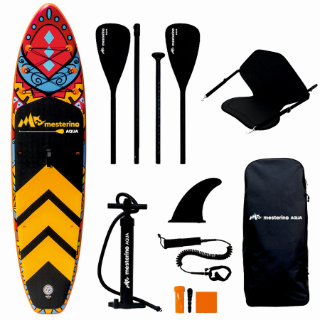 Articole sportive - Set placa gonflabila Stand Up Paddle Mesterino Aqua SUP083, 320x81x15cm, geantă de transport, vasla, pompa, scaun, lesa, kit de reparatii, design Tribal