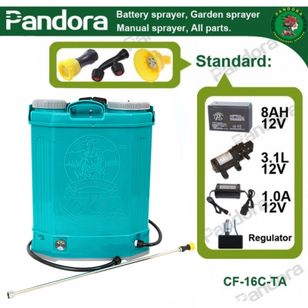 Pompa stropit electrica Pandora 20 Litri, 5,5 Bar + regulator presiune, vermorel cu baterie acumulator 12V, 8AH