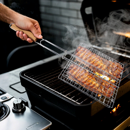 Suport carne pentru gratar KLUGMEISTER KY049, din otel, cu maner de lemn [1]