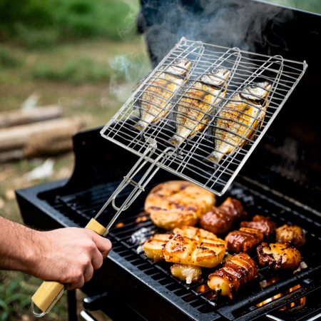 Suport triplu pentru prajit peste la gratar KLUGMEISTER KY3769, material inox cu maner de lemn [1]