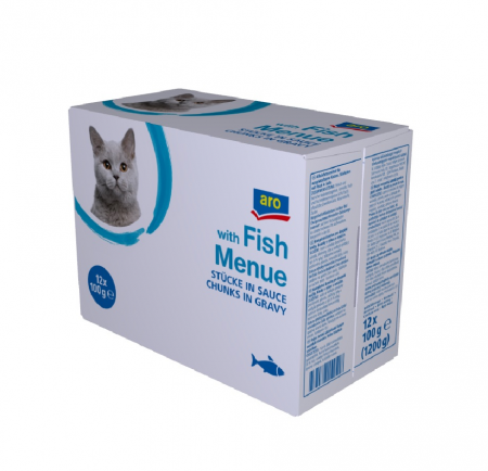 Articole pentru Caini si Pisici - Hrana umeda plic cu bucati de Peste pt pisici, 12plic x 100g, Aro