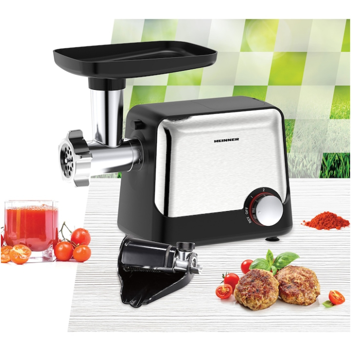 Masina de tocat Heinner DualSteel HMG-2100BKS3, 2100W, 1.8 kg/min, 2 viteze + Reverse, accesoriu rosii, accesorii kibbe si carnati, cutit inox, 3 site metalice, negru/inox [2]