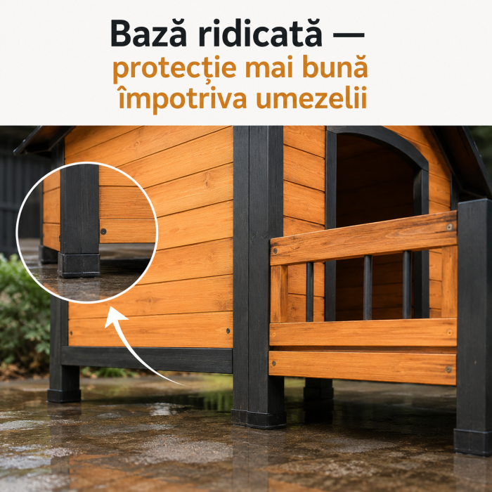 Casuta pentru caini din lemn, BUNTZ, cu terasa frontala, acoperis bitumat, baza ridicata, pentru talie medie si mare, 98 x 88 x 88.5 cm, maro/negru [5]