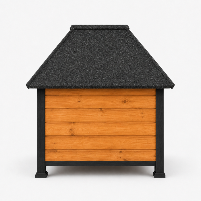 Casuta pentru caini din lemn, BUNTZ, cu terasa frontala, acoperis bitumat, baza ridicata, pentru talie medie si mare, 98 x 88 x 88.5 cm, maro/negru [11]