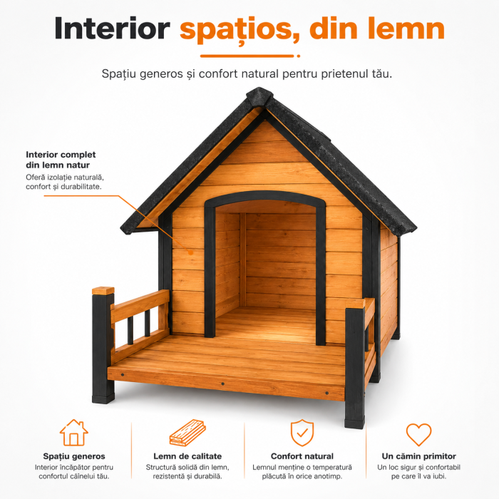 Casuta pentru caini din lemn, BUNTZ, cu terasa frontala, acoperis bitumat, baza ridicata, pentru talie medie si mare, 98 x 88 x 88.5 cm, maro/negru [3]