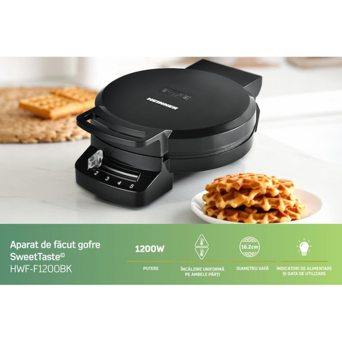 Aparat de gofre HEINNER HWF-F1200BK, 1200 W, 1 gofra/vafa, Placa fixa cu invelist antiaderent, Diametru 16.2 cm, Depozitare verticala Negru [5]