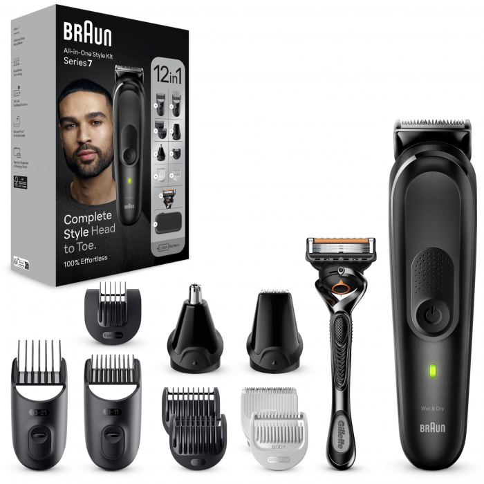 Aparat de tuns multifunctional Braun MGK7460, Wet&Dry, AutoSense, 12-in-1, 2 piepteni ficsi, 4 piepteni, 3 capete, 1 aparat de ras Gillette, autonomie 100 minute, Suport de incarcare, Organizator, Negru [2]