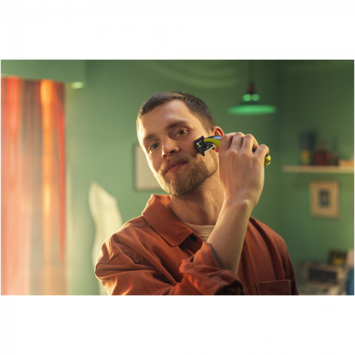 Aparat hibrid de barbierit si tuns barba Philips OneBlade QP2724/30, pieptene reglabil 5 in 1, reincarcabil, umed si uscat, 45 min, USB-A, husa, capac de protectie, lama inlocuibila suplimentara, Verde lime [5]