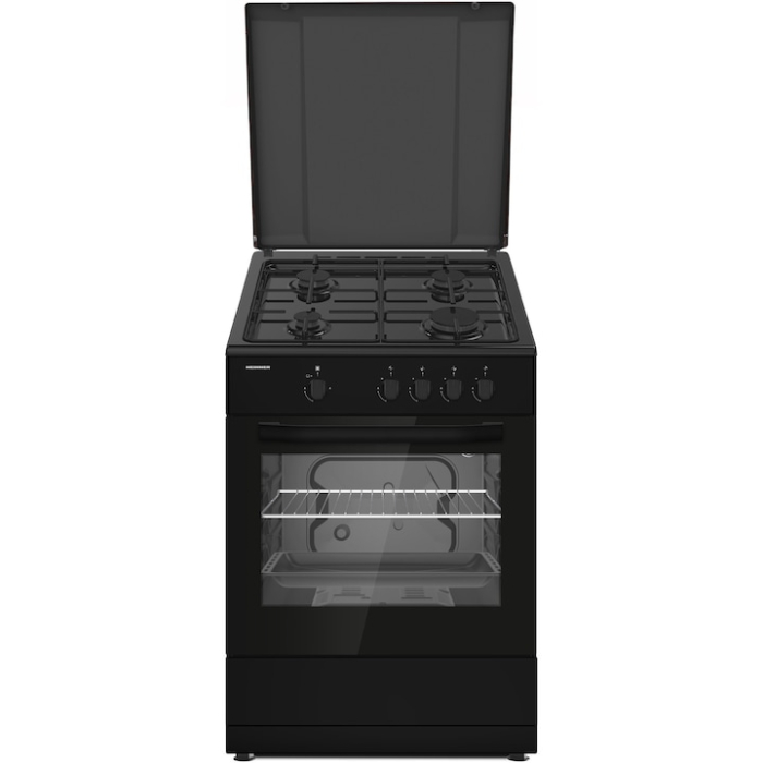 Aragaz HEINNER HFSC-SME66IBK, gaz, 4 arzatoare, Suport email, Capac metalic, Aprindere electrica, Dispozitiv de siguranta plita si cuptor, Usa cuptor cu geam dublu, Duze GPL incluse, Tava si gratar cromat, Negru [1]