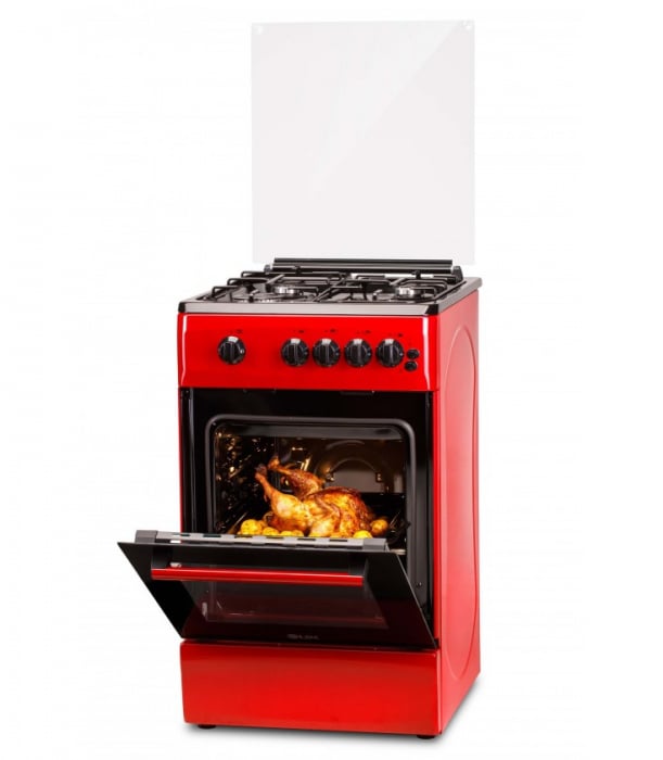 Aragaz LDK 5060 GRAI Red RMV, 4 Arzatoare, Siguranta, Grill, Rotisor, Aprindere, Iluminare, Capac sticla, 50 x 60 cm, Rosu [1]