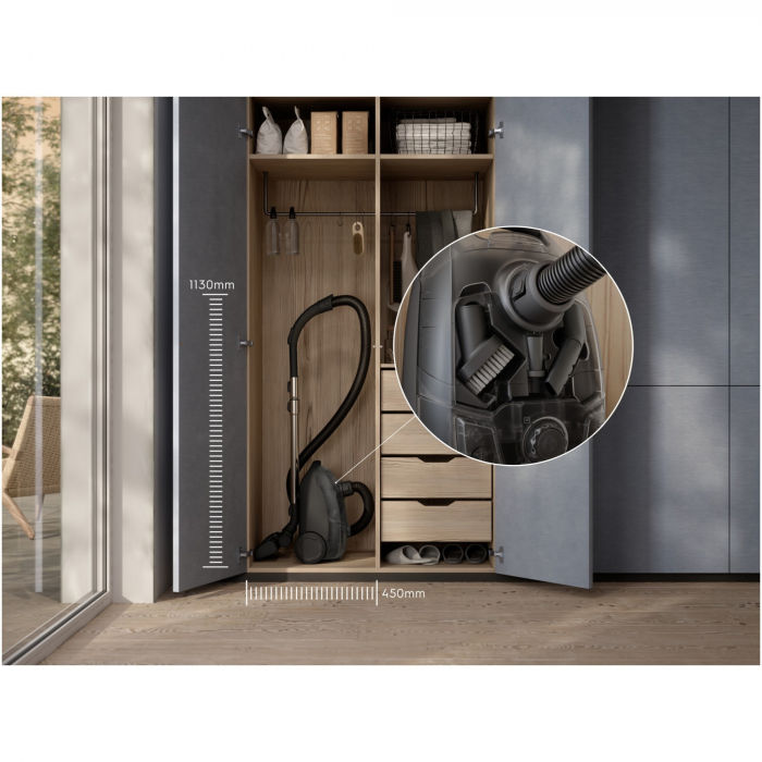 Aspirator cu sac Electrolux Seria 500 EB51C2DB, 750W, perie premium AllFloor, perie Parketto, 37% plastic reciclat, filtru HEPA lavabil, tub telescopic cu sistem de fixare, raza de actiune 8,5 m, accesorii 2in1 in bord, albastru denim [10]