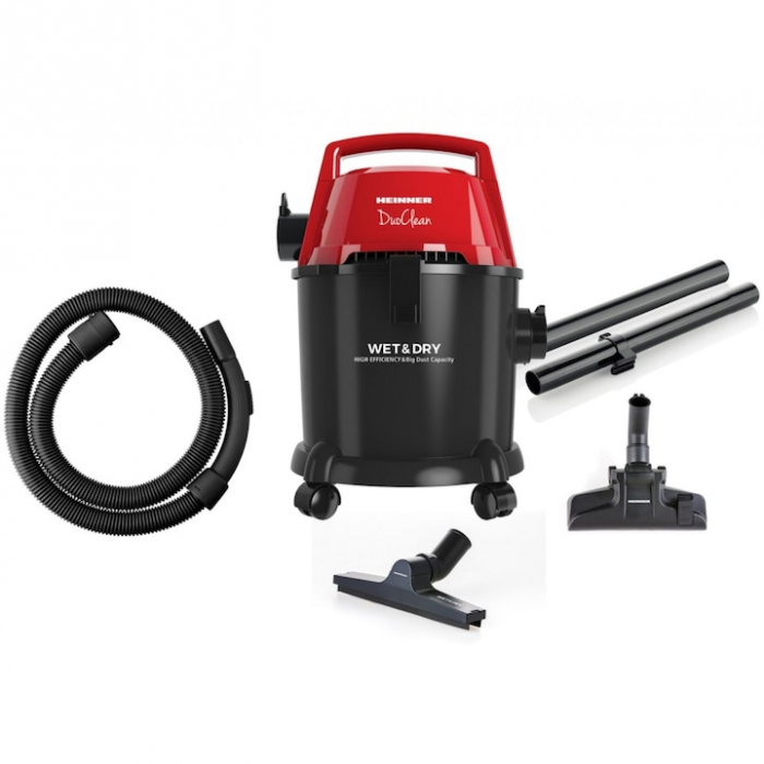 Aspirator multifunctional cu aspirare umeda si uscata HEINNER DuoClean HVC-MWD1400P-BK, 1400W, 15L, functie suflare, sac 3 L, filtru HEPA, negru/rosu [1]